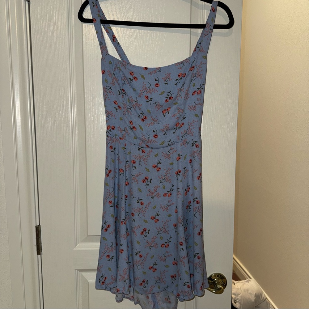 Reformation Light Blue Dress with Pink Floral Pattern